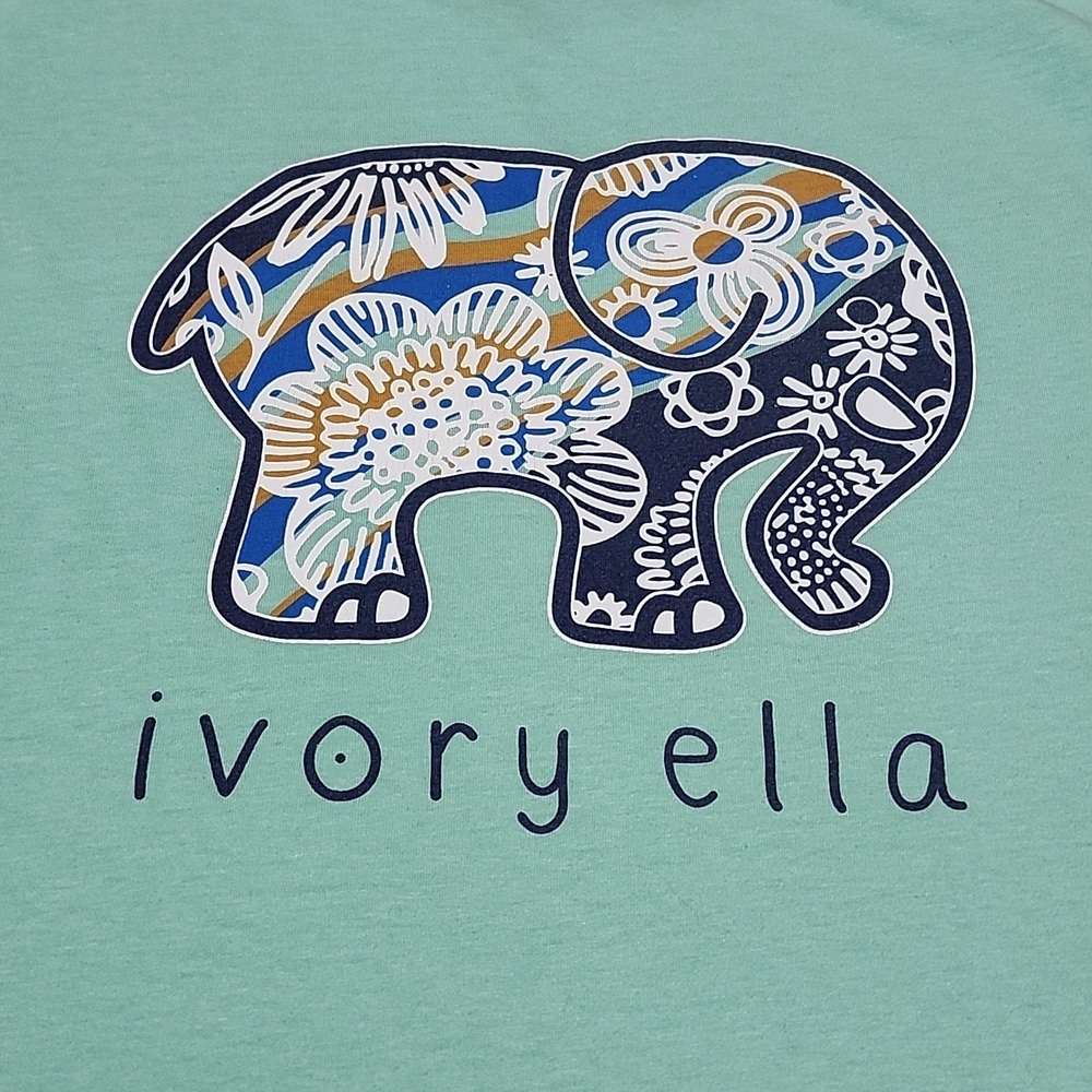 IVORY ELLA ELEPHANT FLORAL DESIGN CREW-NECK TEAL-GREEN LONG-SLEEVED TEE-SHIRT